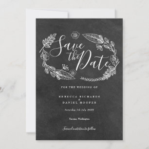 Save The Date Guirlande florale sur tableau noir en noir et blan