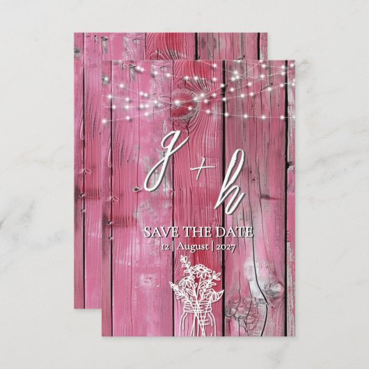 Save The Date Guirlande lumineuse en bois rustique rose vif Jarr (Devant / Derrière)