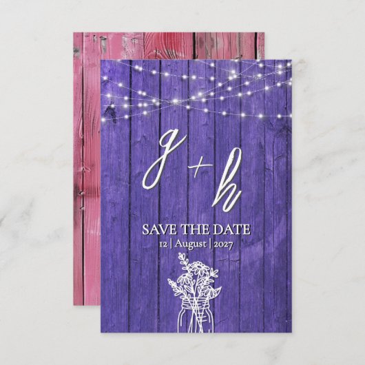 Save The Date Guirlande Lumineuse en Bois Rustique Violet Bohème (Devant / Derrière)