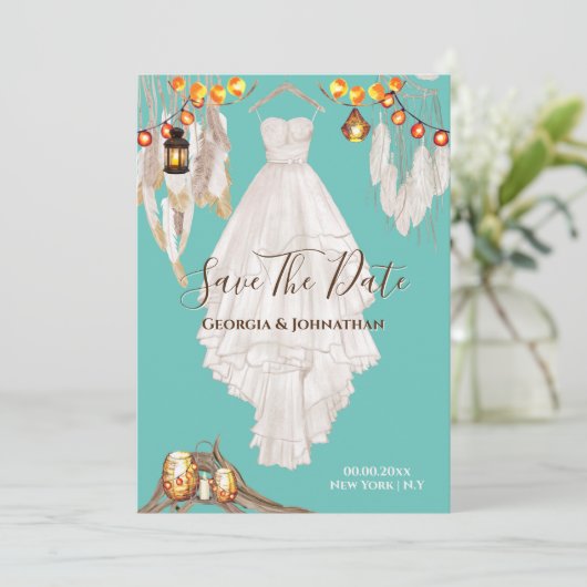 Save The Date Guirlande lumineuse plume bohème macramé robe sarc (Debout devant)