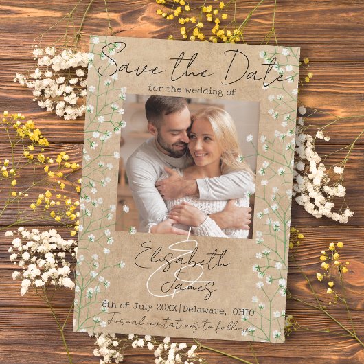 Save The Date Gypsophila aquarelle Floral Rustique & Boho Mariag
