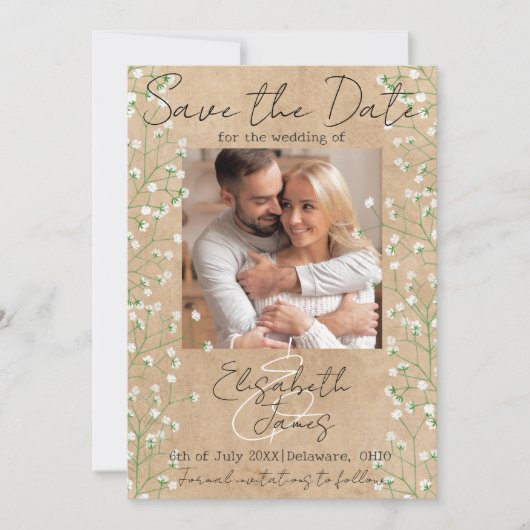 Save The Date Gypsophila aquarelle Floral Rustique & Boho Mariag (Devant)