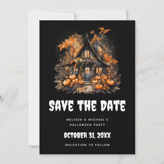 Save The Date Halloween Maison hantée avec Citrouilles & Foliage (Devant)