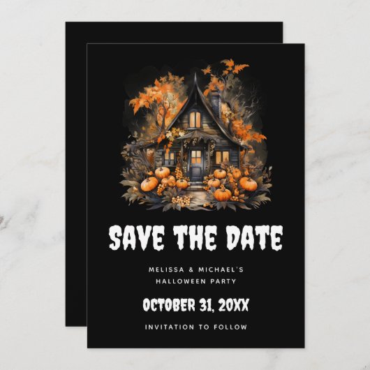 Save The Date Halloween Maison hantée avec Citrouilles & Foliage (Devant / Derrière)