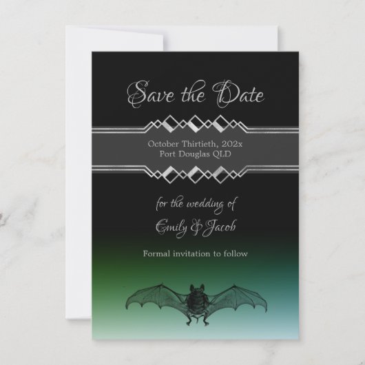 Save The Date Halloween Mariage Noir et Vert Chat gothique Octob (Devant)