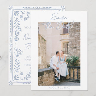 Save The Date Hand Drawn Azure Blue Floral Garden Photo Wedding
