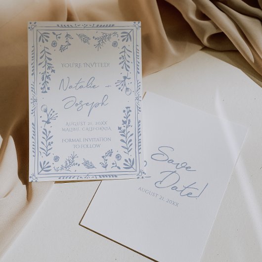 Save The Date Hand Drawn Azure Blue Floral Garden Whimsy Wedding