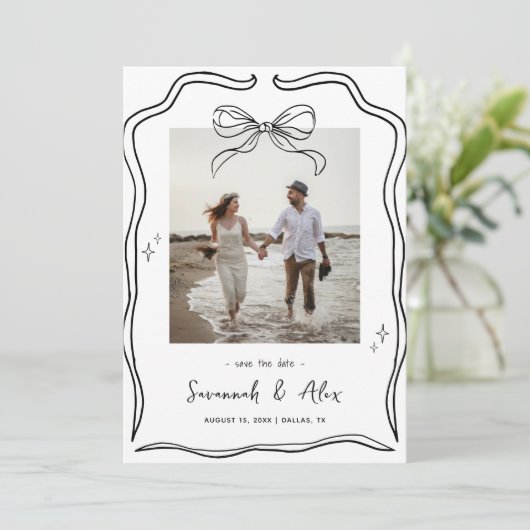 Save The Date Hand Drawn Bow Frame Coquette Doodle Wedding Fun (Debout devant)