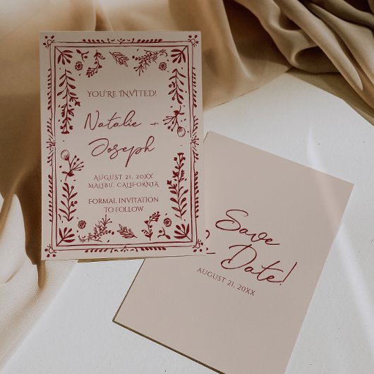 Save The Date Hand Drawn Burgundy Deep Red Floral Garden Wedding