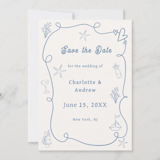 Save The Date Hand drawn coastal beach dusty blue ivory wedding (Devant)