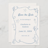 Save The Date Hand drawn coastal beach dusty blue ivory wedding (Devant / Derrière)