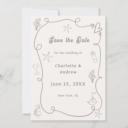 Save The Date Hand drawn coastal beach ivory taupe sand wedding (Devant)