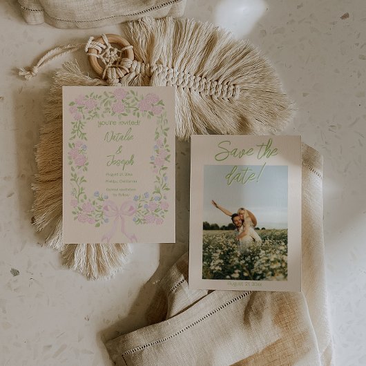 Save The Date Hand Drawn Green Pink Bow Floral Photo Wedding