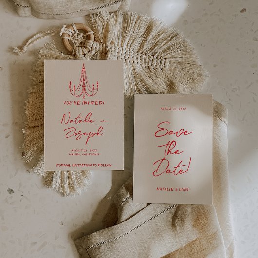 Save The Date Hand Drawn Red Old Money Retro Quirky Wedding