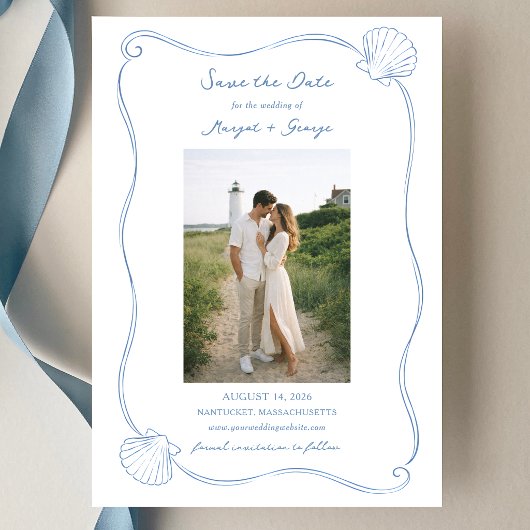 Save The Date Hand Drawn Seashell Simple Blue Coastal Wedding