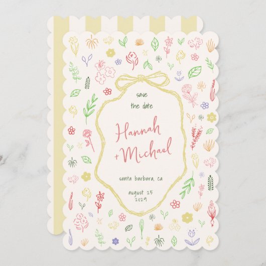 Save The Date Hand Written Drawn Pastel Flowers Spring Wedding (Devant / Derrière)