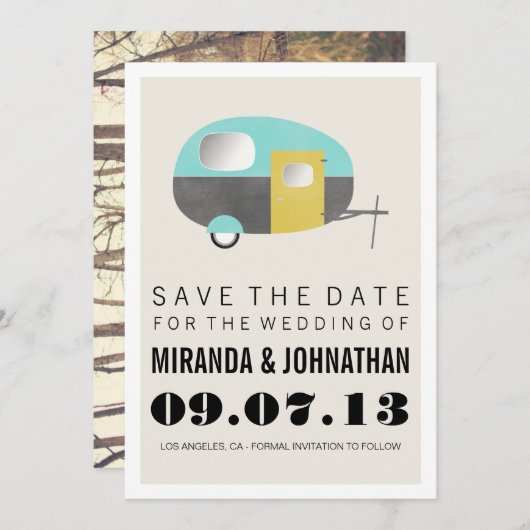 Save The Date HAPPY CAMPER Design Photo Enregistrer La Date Invi (Devant / Derrière)