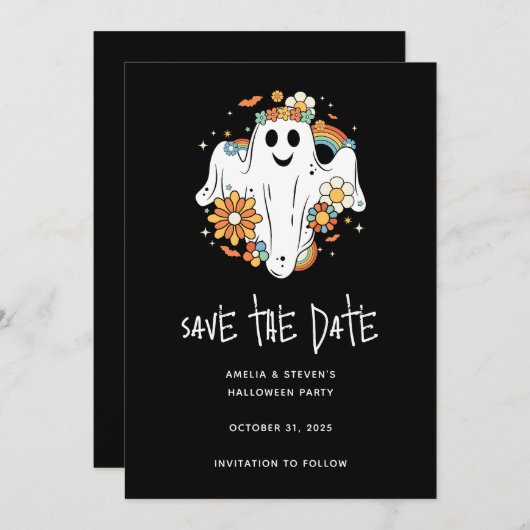 Save The Date Happy Ghost Retro Hippie Vibe Halloween (Devant / Derrière)