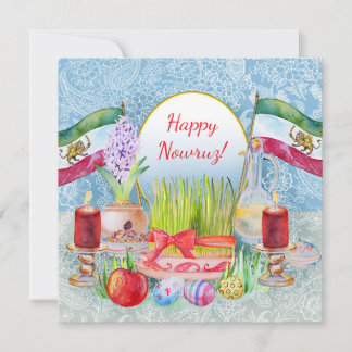 Save The Date Happy Norooz Haft Sin avec drapeaux Lion et Soleil