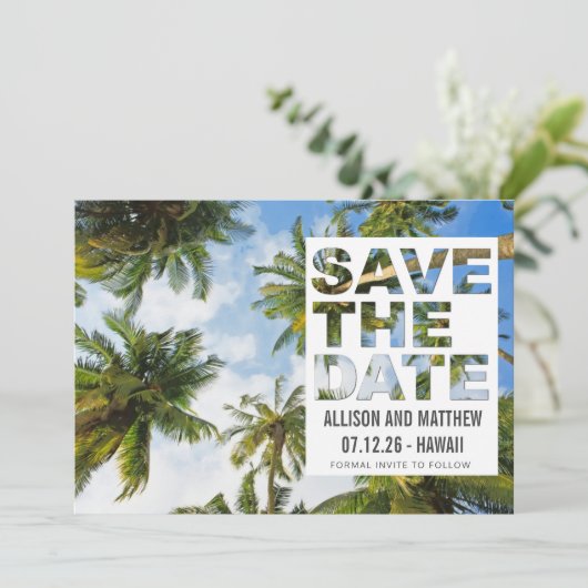 Save The Date Hawaii Palm Tree Beach Mariage Photo (Debout devant)