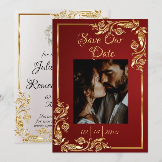 Save The Date Heart, Photo & Gold Frame on Ruby Red (Devant / Derrière)