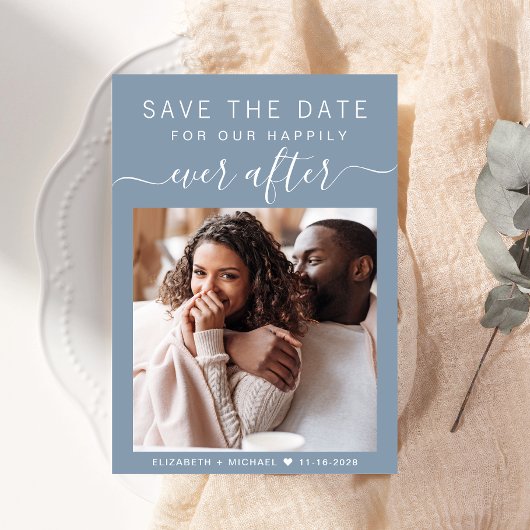 Save The Date Heureux Jamais après photo Dusty Mariage bleu