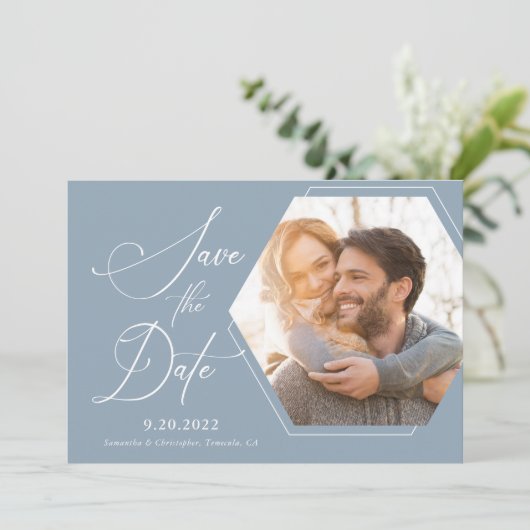 Save The Date Hexagon Modern Photo Script Enregistrer la date (Debout devant)