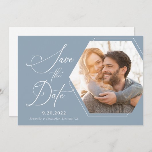 Save The Date Hexagon Modern Photo Script Enregistrer la date (Devant / Derrière)