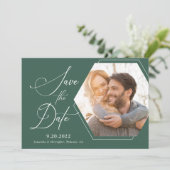 Save The Date Hexagon Modern Photo Script Enregistrer la date (Debout devant)