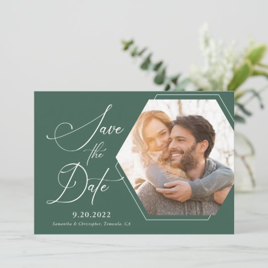 Save The Date Hexagon Modern Photo Script Enregistrer la date (Debout devant)