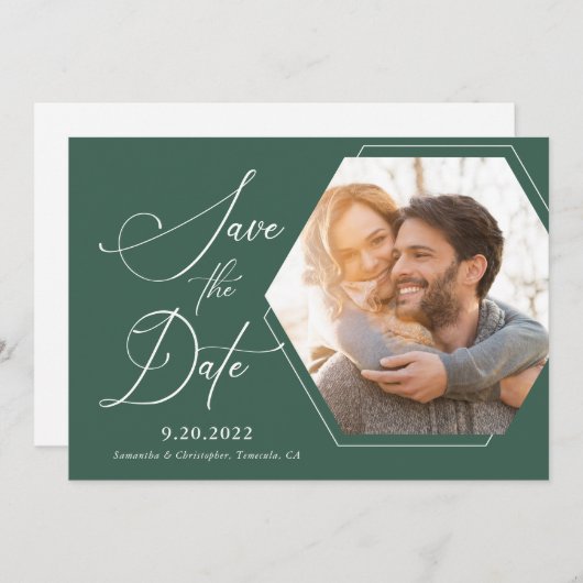 Save The Date Hexagon Modern Photo Script Enregistrer la date (Devant / Derrière)