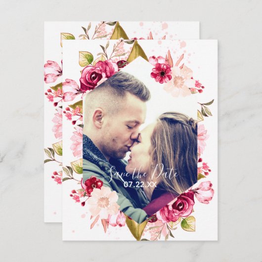 Save The Date Hexagon rose bordeaux et bleu Enregistrer la photo (Devant / Derrière)