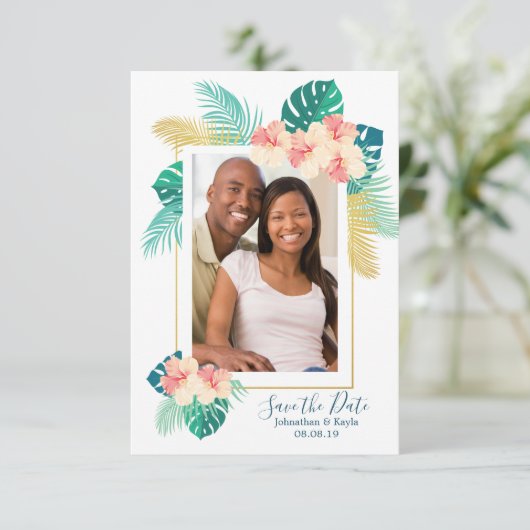 Save The Date Hibiscus d'or Hawaiien mariage Enregistrer la date (Debout devant)