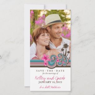 Save The Date Hibiscus rose chaud Tropical Blue Waves Beach Phot