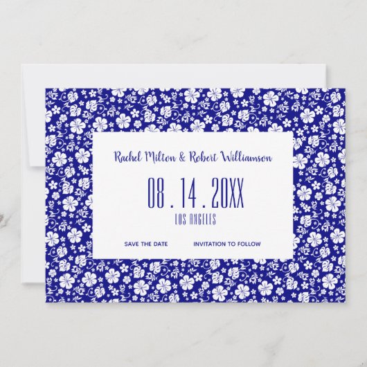 Save The Date Hibiscus Tropical Navy Mariage bleu (Devant)