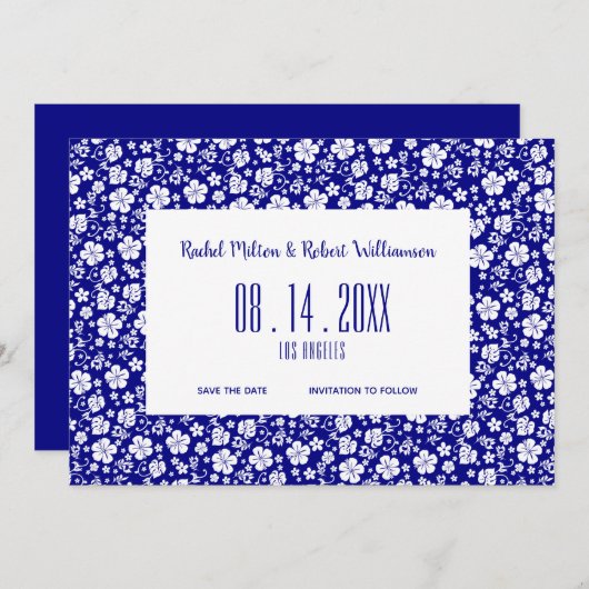 Save The Date Hibiscus Tropical Navy Mariage bleu (Devant / Derrière)