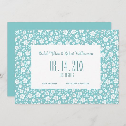 Save The Date Hibiscus Tropical Turquoise Mariage (Devant / Derrière)