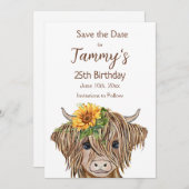 Save The Date Highland Cow Invitation, fête d'anniversaire de la (Devant / Derrière)