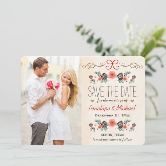 Save The Date Hiver Floral Pine Cone Noël Enregistrer la date (Debout devant)