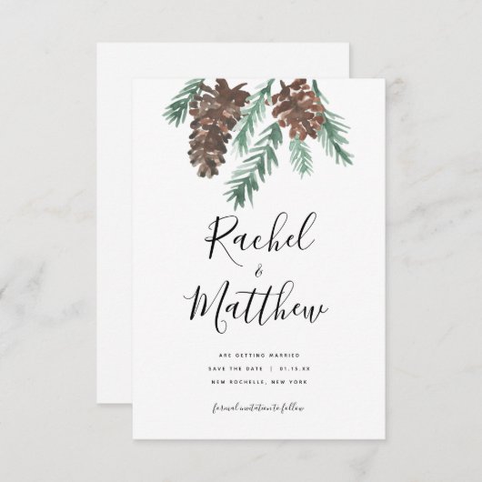 Save The Date Hiver Pinecone Aquarelle Non Photo Enregistrer La (Devant / Derrière)