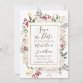 Save The Date Hiver Roses blanches Berries rouges Gold Fragment (Devant)
