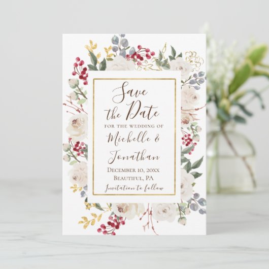 Save The Date Hiver Roses blanches Berries rouges Gold Fragment (Debout devant)