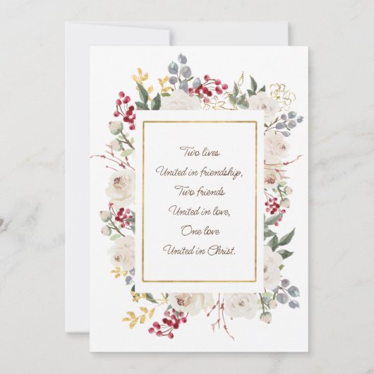Save The Date Hiver Roses blanches Berries rouges Gold Fragment (Dos)