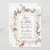 Save The Date Hiver Roses blanches Berries rouges Gold Fragment (Devant / Derrière)