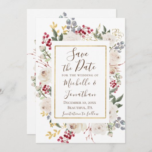 Save The Date Hiver Roses blanches Berries rouges Gold Fragment (Devant / Derrière)