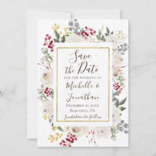 Save The Date Hiver Roses blanches Berries rouges Gold Fragment