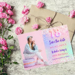 Save The Date Holographique rose violet photo 18e anniversaire<br><div class="desc">Un moderne et élégant Save the Date pour une fête de 18e anniversaire. Arrière - plan holographique,  rose,  violet vert menthe. Personnalisez et ajoutez une photo,  une date et un nom.</div>