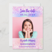 Save The Date Holographique rose violet photo Quinceanera (Devant)