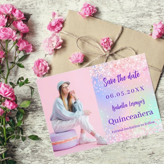 Save The Date Holographique rose violet photo Quinceanera