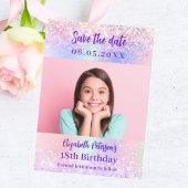 Save The Date Holographique rose violet photo Quinceanera